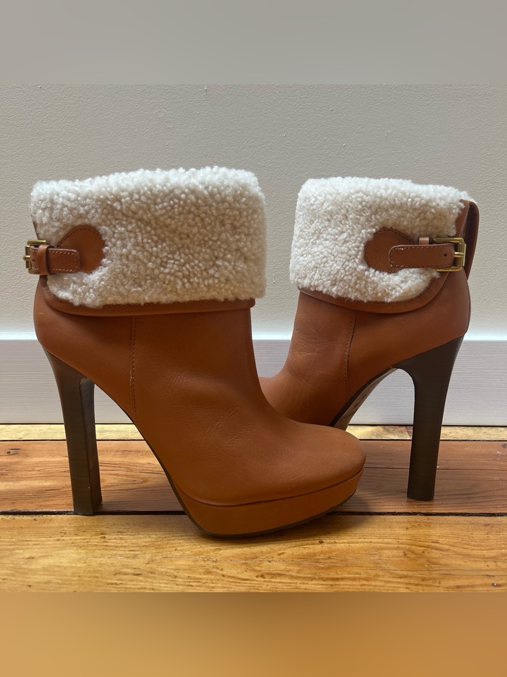 Coach Tan Leather Platform Ankle Boots with Cream Shearling Cuff